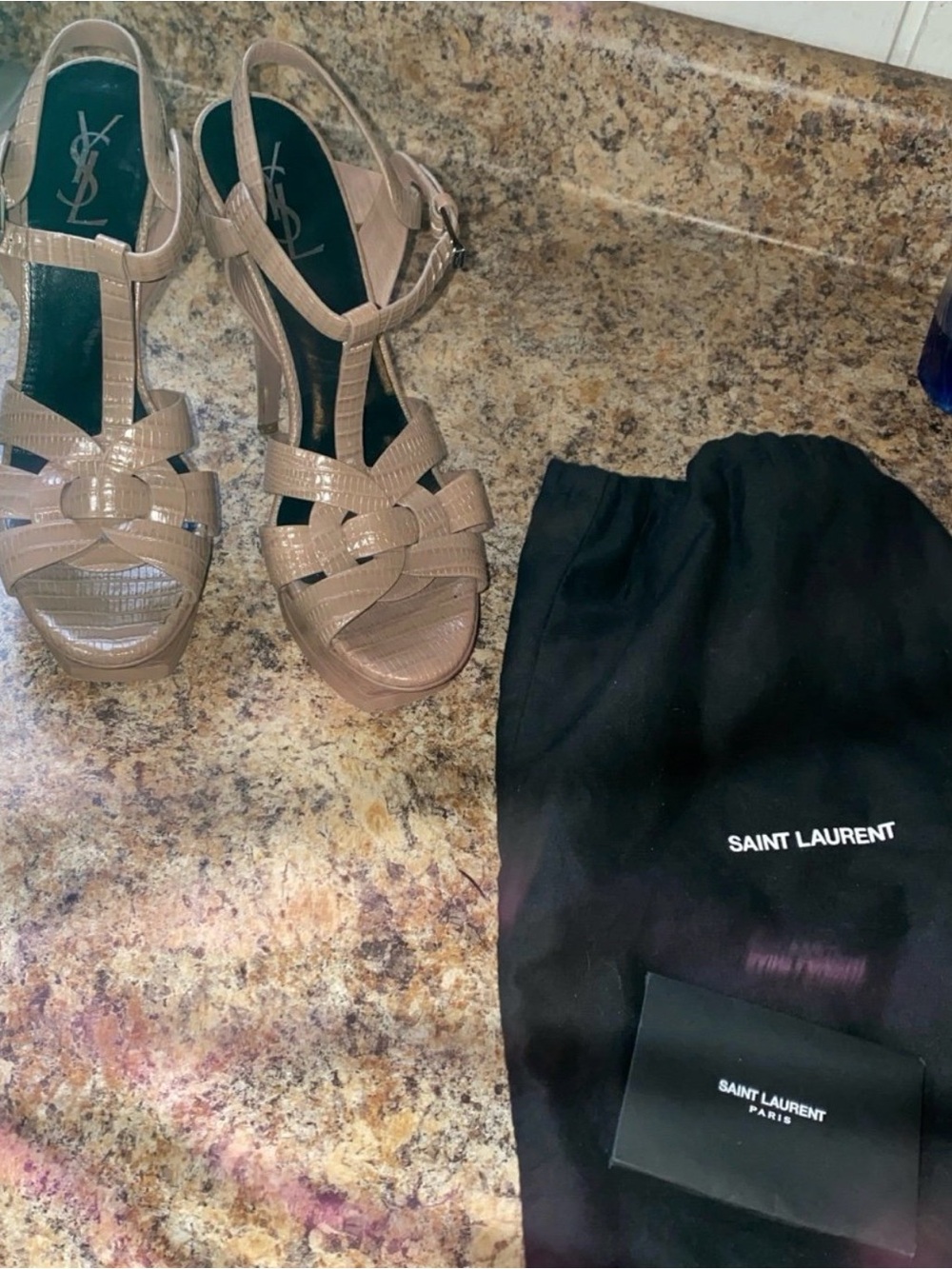 Saint Laurent Nude Tribute Croc-Embossed Leather T-Strap Heels - Picture 7 of 8